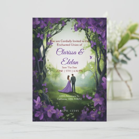 Lila blumengeschmückte Messe Einladung (Stehend Vorderseite)