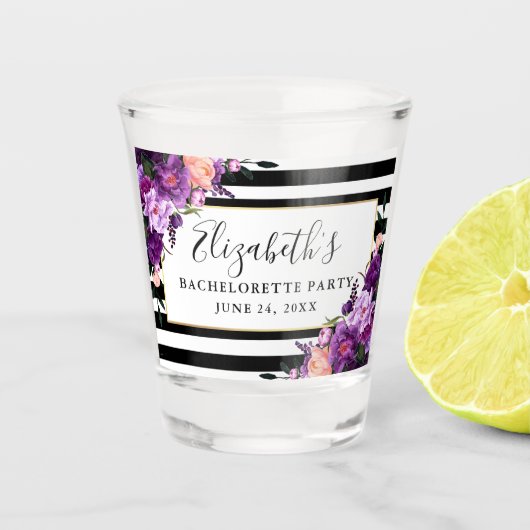 Lila, blumengestreifter Junggeselinnen-Abschied Schnapsglas (Vorderseite)