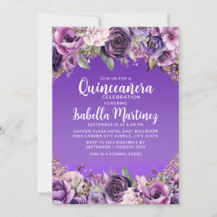 Lila Blumengold Glitter Quinceañera Einladung