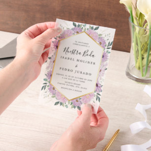 Lila Blumengolden-Blätter Nuestra Boda Wedding Pergament Einladungen