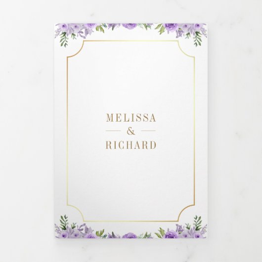 Lila Blumengoldkatholischer QR-Code Hochzeit Dreifach Gefaltete Einladung (Cover)