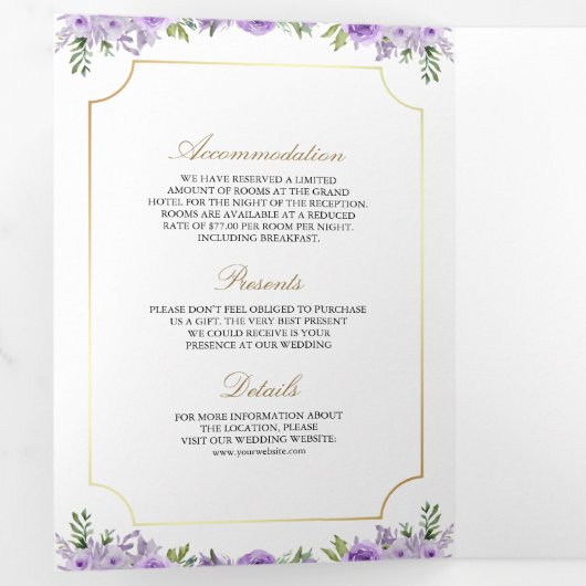 Lila Blumengoldkatholischer QR-Code Hochzeit Dreifach Gefaltete Einladung (Innen Erste Seite)