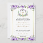 Lila Blumengoldkatholischer QR-Code Hochzeit Einladung (Vorderseite)