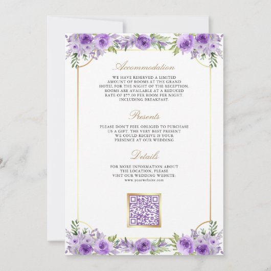Lila Blumengoldkatholischer QR-Code Hochzeit Einladung (Rückseite)