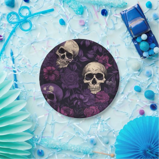 Lila Blumengoth Skull Halloween Pappteller (Party)