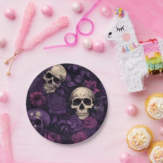 Lila Blumengoth Skull Halloween Pappteller (Party)