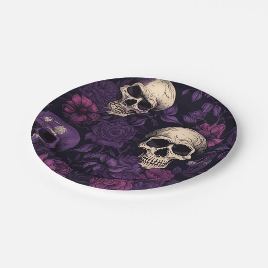Lila Blumengoth Skull Halloween Pappteller (Schrägansicht)
