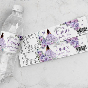 Lila Blumengräfin Silber Quinceañera Quince Wasserflaschenetikett
