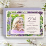 Lila Blumengrün Blätter 60. Geburtstag Foto Einladung<br><div class="desc">Plum lila Aquarellblumen und grüne Blätter Frauen's 60. Geburtstag Party Foto Einladung. Kontaktieren Sie mich,  um Hilfe bei Ihren Anpassungen zu erhalten oder um zusätzliche Matching oder Koordination von Zazzle Produkten für Ihre Veranstaltung zu beantragen.</div>