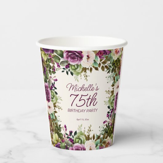 Lila Blumengrün-Blätter 75. Geburtstag Pappbecher (Rückseite)