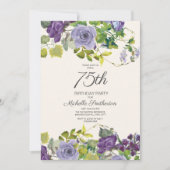 Lila Blumengrün-Blätter 75. Geburtstagsfrauen Einladung (Vorderseite)