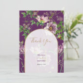 Lila Blumengrün Goldmedaille Hochzeit Dankeskarte (Stehend Vorderseite)