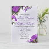 Lila Blumengrün Rose Einladung Hochzeit (Stehend Vorderseite)