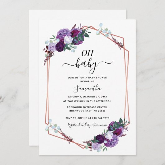 Lila Blumengrün Script Babydusche Einladung (Vorne/Hinten)