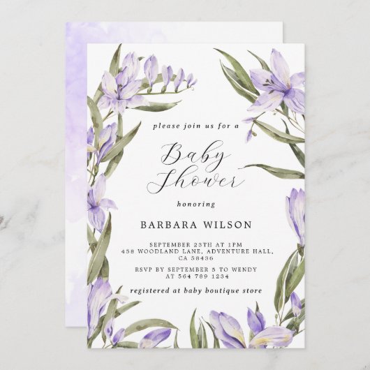 Lila Blumengrün Wasserfarben Kinderdusche Einladung (Vorne/Hinten)