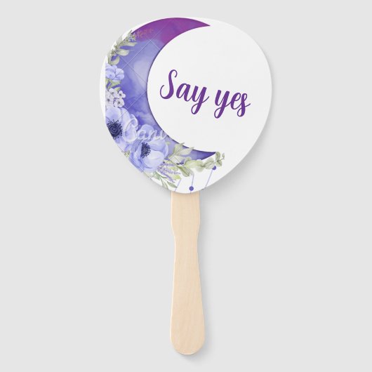 Lila Blumenhandfan - Paddel "Say Yes" Fächer (Vorderseite)