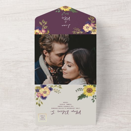 Lila Blumenhochzeit All In One Einladung (Außenbereich)