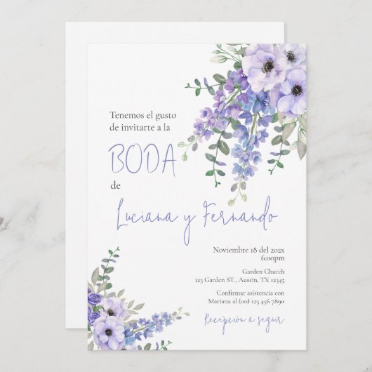 Lila Blumenhochzeit auf Spanisch Einladung (Vorne/Hinten)