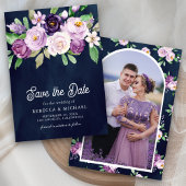 Lila Blumenhochzeit des Fotos Navy Blue Save The Date
