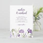 Lila Blumenhochzeit Einladung mit Details Zurück (Stehend Vorderseite)