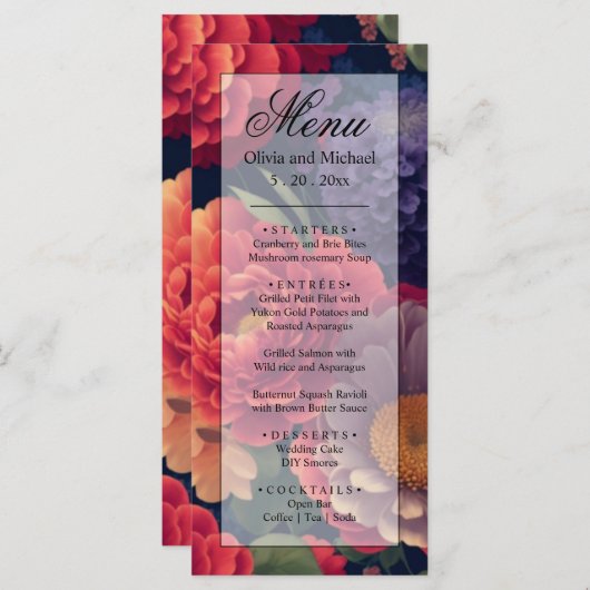 Lila Blumenhochzeit in Rot-Orange Menükarte (Vorne/Hinten)