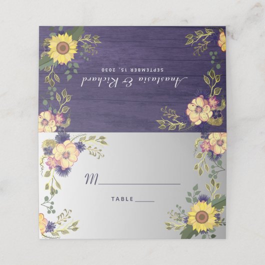 Lila Blumenhochzeit-Platzkarte Platzkarte (Außenseite Aufgefaltet)