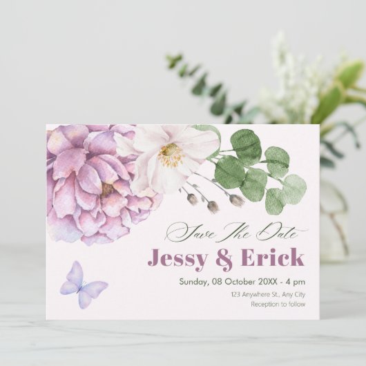 Lila Blumenhochzeit Save The Date (Stehend Vorderseite)