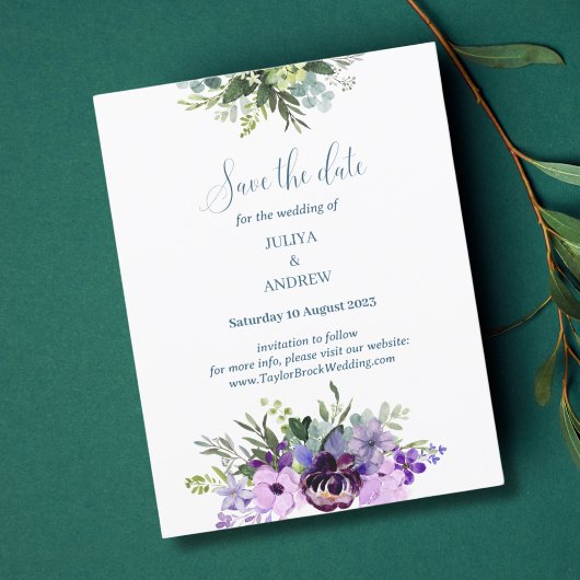 Lila Blumenhochzeit speichern Sie die Datumskarte Save The Date
