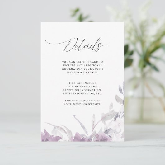 Lila Blumenkalligrafie - Details zu Hochzeiten Begleitkarte (Stehend Vorderseite)