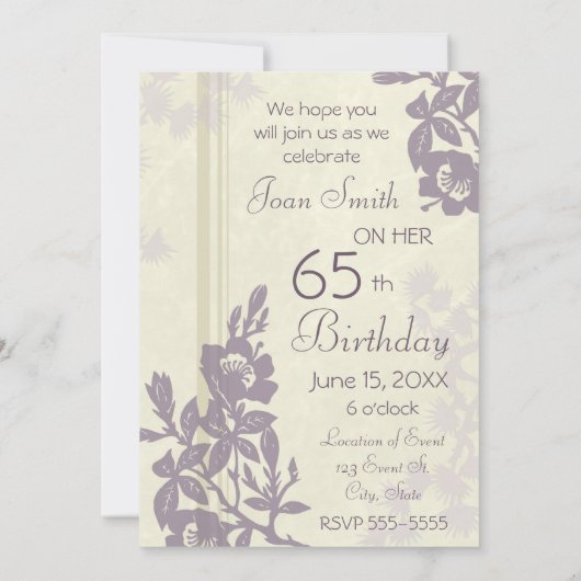 Lila Blumenkarten zum 65. Geburtstag Einladung (Rückseite)