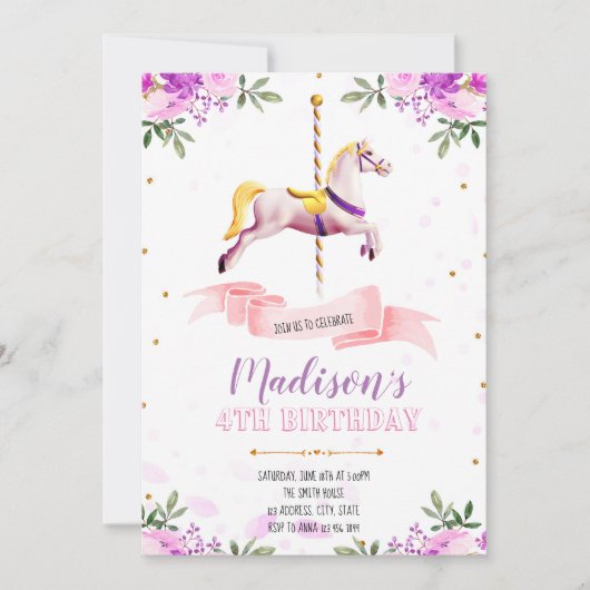 Lila Blumenkarussell-Party Einladung (Vorderseite)