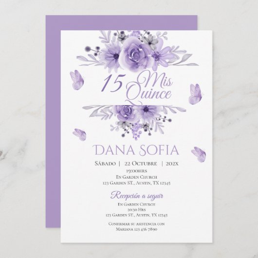 Lila Blumenkatze Einladung Spanisch (Vorne/Hinten)