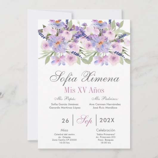 Lila Blumenkatze Spanisch Einladung (Vorderseite)