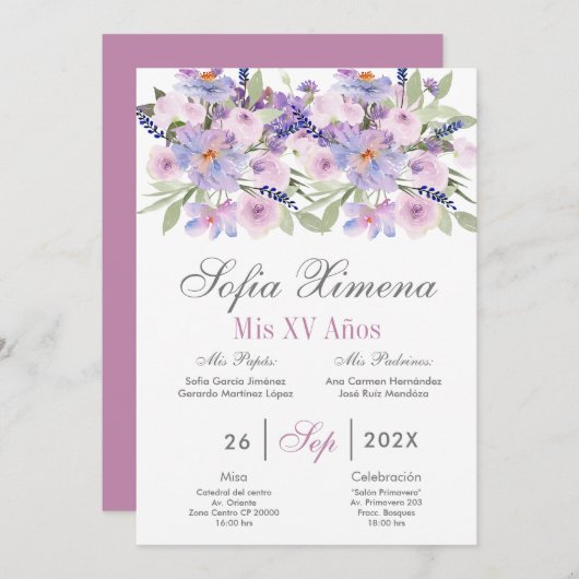 Lila Blumenkatze Spanisch Einladung (Vorne/Hinten)