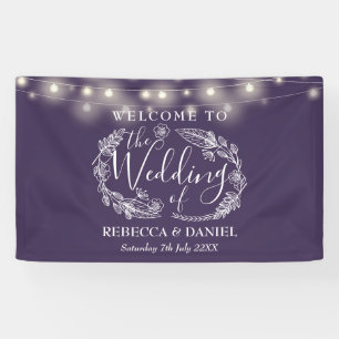Lila Blumenketten-Lichter Skript Hochzeit Banner