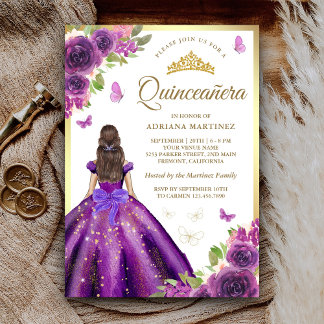 Lila Blumenkleid Butterfly Gold Quinceanera Einladung