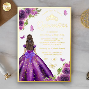 Lila Blumenkleid Butterfly Quinceanera Gold Folieneinladung
