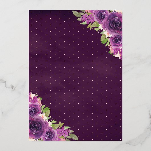 Lila Blumenkleid Butterfly Quinceanera Gold Folieneinladung (Rückseite)