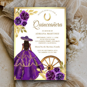 Lila Blumenkleid Charro Gold Quinceanera Einladung
