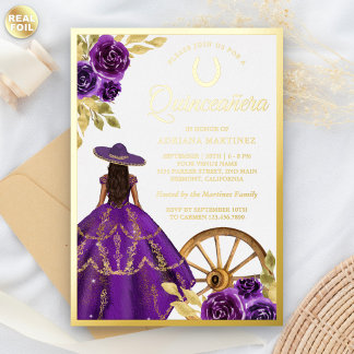 Lila Blumenkleid Charro Quinceanera Gold Folieneinladung