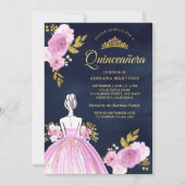 Lila Blumenkleid Navy Blue Gold Quinceanera Einladung (Vorderseite)
