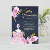 Lila Blumenkleid Navy Blue Gold Quinceanera Einladung (Stehend Vorderseite)