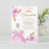Lila Blumenkleid Princess Gold Quinceanera Einladung (Stehend Vorderseite)
