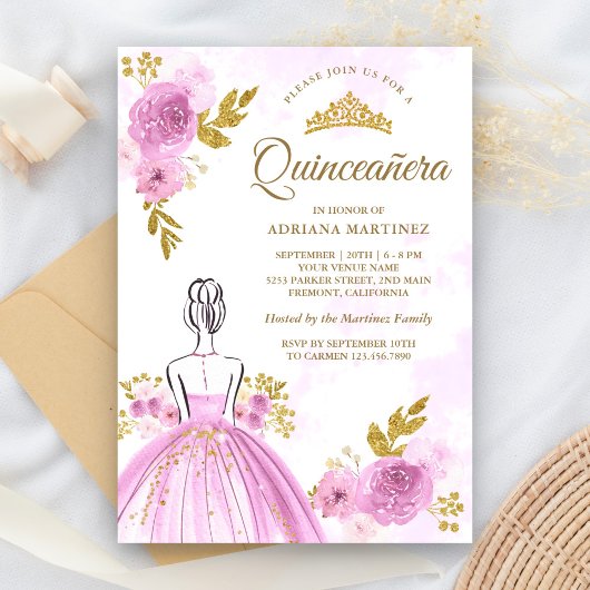 Lila Blumenkleid Princess Gold Quinceanera Einladung