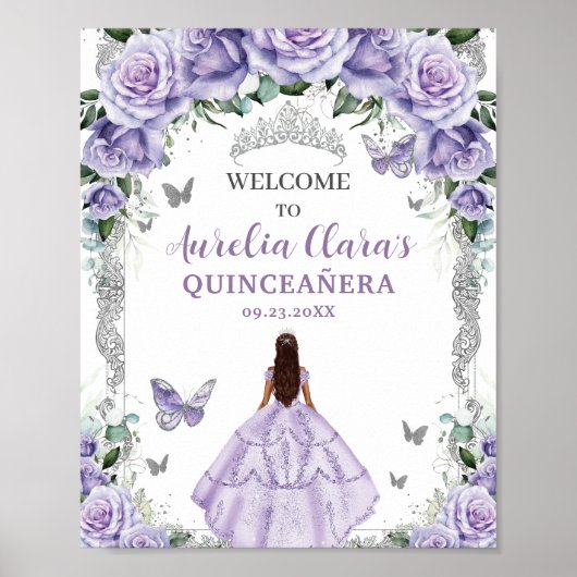 Lila Blumenkleid Quinceañera Vintag Silber Poster (Vorne)
