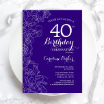 Lila Blumenkohl 40. Geburtstag Party Einladung<br><div class="desc">Lila Blumenbeete 40. Geburtstagsfeier Party Einladung. Minimalistisches modernes Design mit botanischen Kontur Zeichnungen Akzente und Typografie Drehbuch Schriftart. Einfache,  trendige Einladungskarte für eine stilvolle Damenfeier. Kann für jedes Alter angepasst werden. Gedruckte Zazzle Einladungen oder Sofortdownload digitalen druckbaren Vorlage.</div>