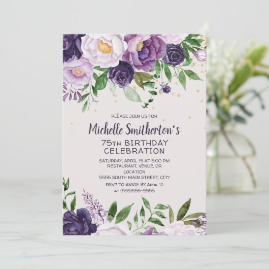 Lila Blumenkohl-Glitzer 75. Geburtstag Einladung (Stehend Vorderseite)