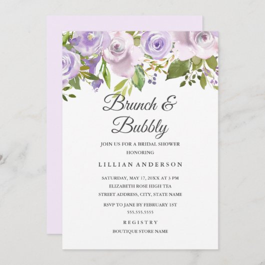 Lila Blumenkohl in Lilac und Bubbly Einladung (Vorne/Hinten)