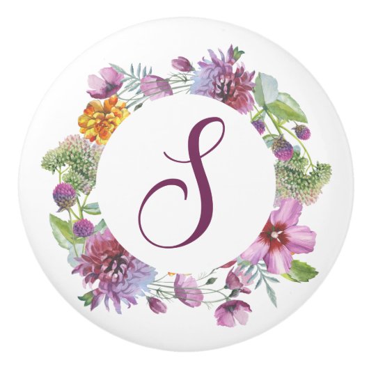Lila Blumenkreislaufmonogramm Keramikknauf (Vorderseite)