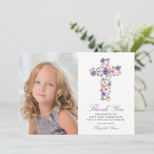 Lila Blumenkreuz Erste Heilige Kommune Vielen Dank Dankeskarte (Stehend Vorderseite)